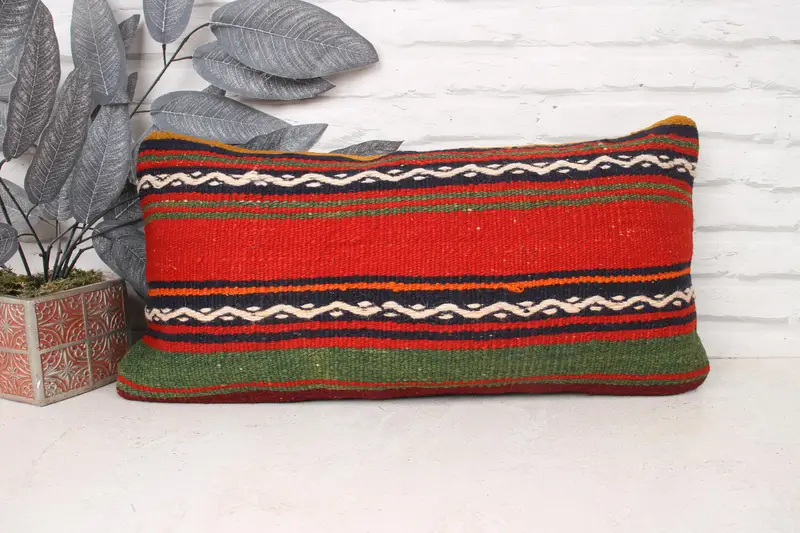 Hippie Throw Pillow Case, Antique Pillows, Cushion Case, Turkish Pillow, Natural Pillow, Throw Kilim Pillow, 12x24 Red Pillow Case - 1