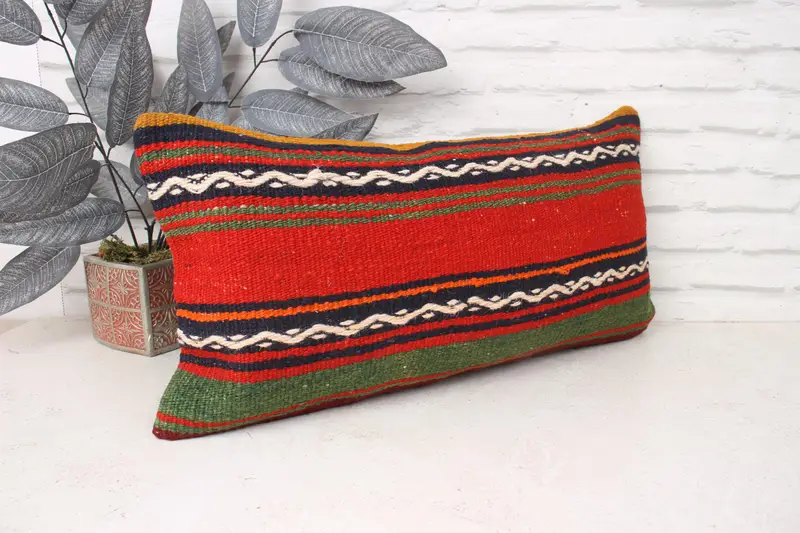 Hippie Throw Pillow Case, Antique Pillows, Cushion Case, Turkish Pillow, Natural Pillow, Throw Kilim Pillow, 12x24 Red Pillow Case - 3