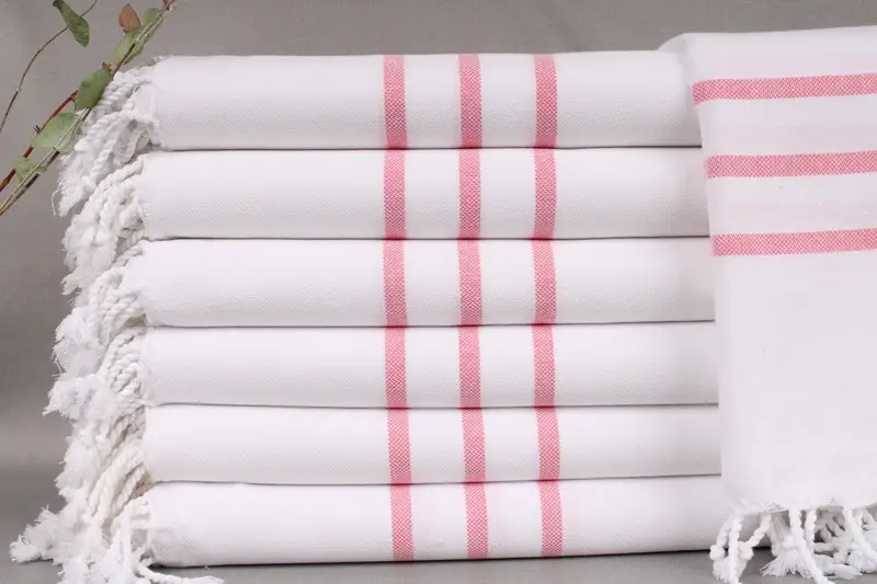 Organic Beach Towel Pink Stripes Beige, 40x71 Inches