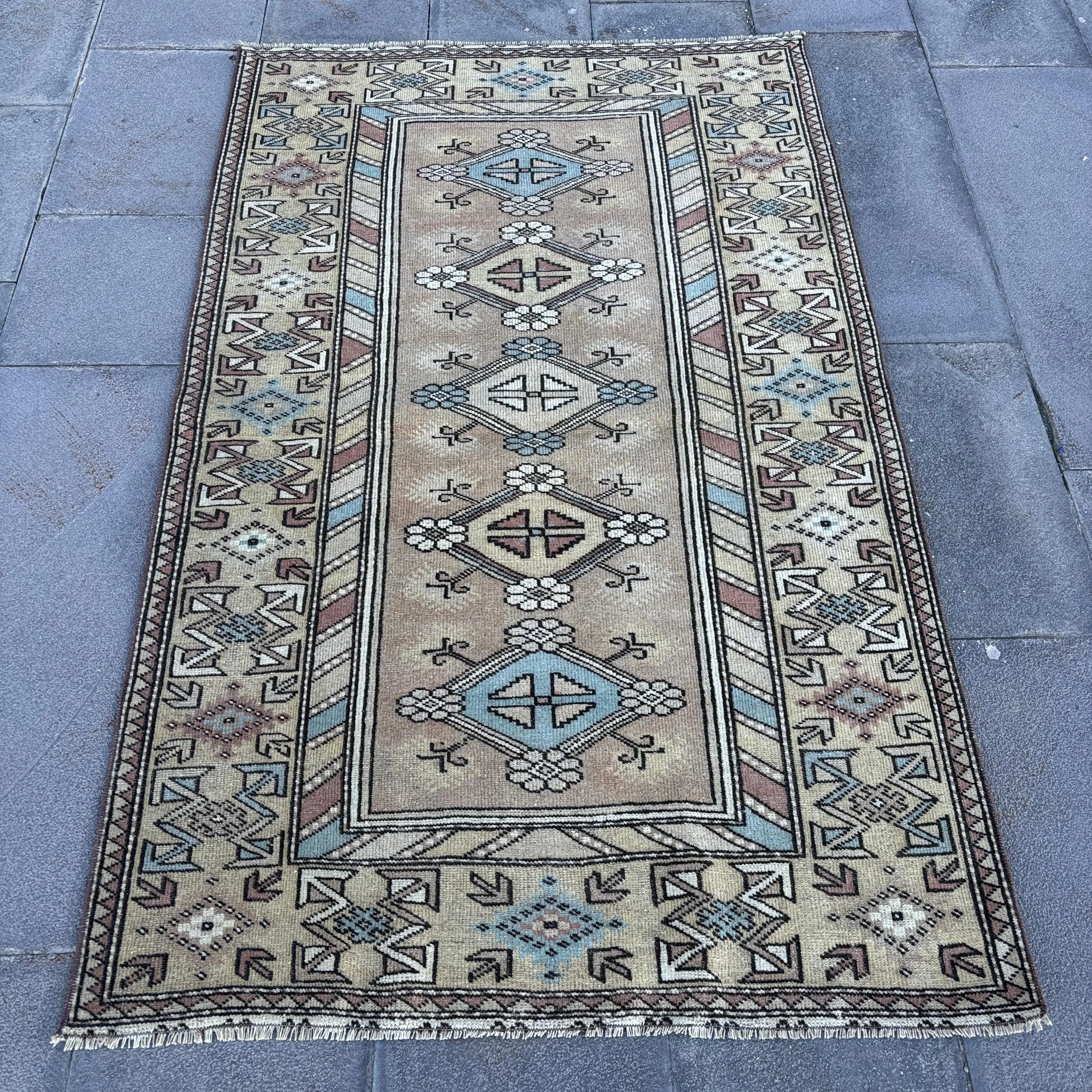 Alfombra turca vintage, alfombra decorativa de 3,37x5,4 pies, alfombra del suroeste azul marrón - 1