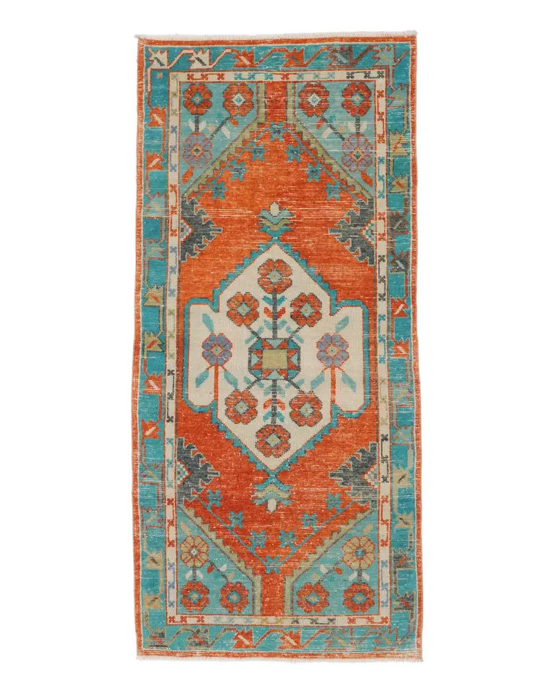 Orange-blauer Teppich, 2,6 x 5,5 Fuß, geometrisches Blumenmuster