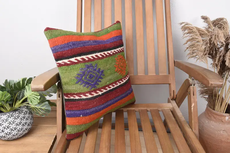 Boho Pillow, Turkish Kilim Pillow, Gift Pillow, Office Chair Pillow Case, 16x16 Blue Pillow Sham, Handwoven Pillow Cover Pillow Sham, Cushion Case - 2
