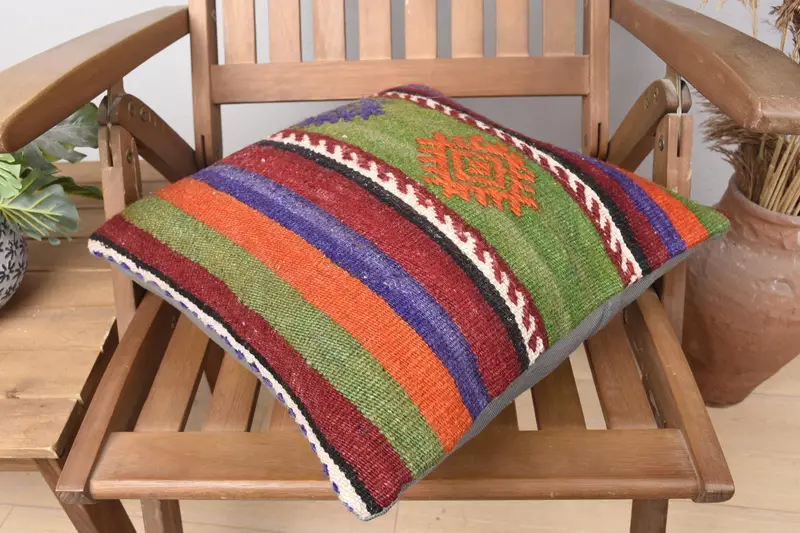 Boho Pillow, Turkish Kilim Pillow, Gift Pillow, Office Chair Pillow Case, 16x16 Blue Pillow Sham, Handwoven Pillow Cover Pillow Sham, Cushion Case - 4