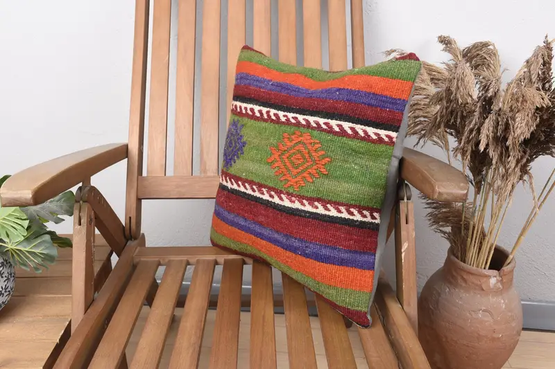 Boho Pillow, Turkish Kilim Pillow, Gift Pillow, Office Chair Pillow Case, 16x16 Blue Pillow Sham, Handwoven Pillow Cover Pillow Sham, Cushion Case - 3