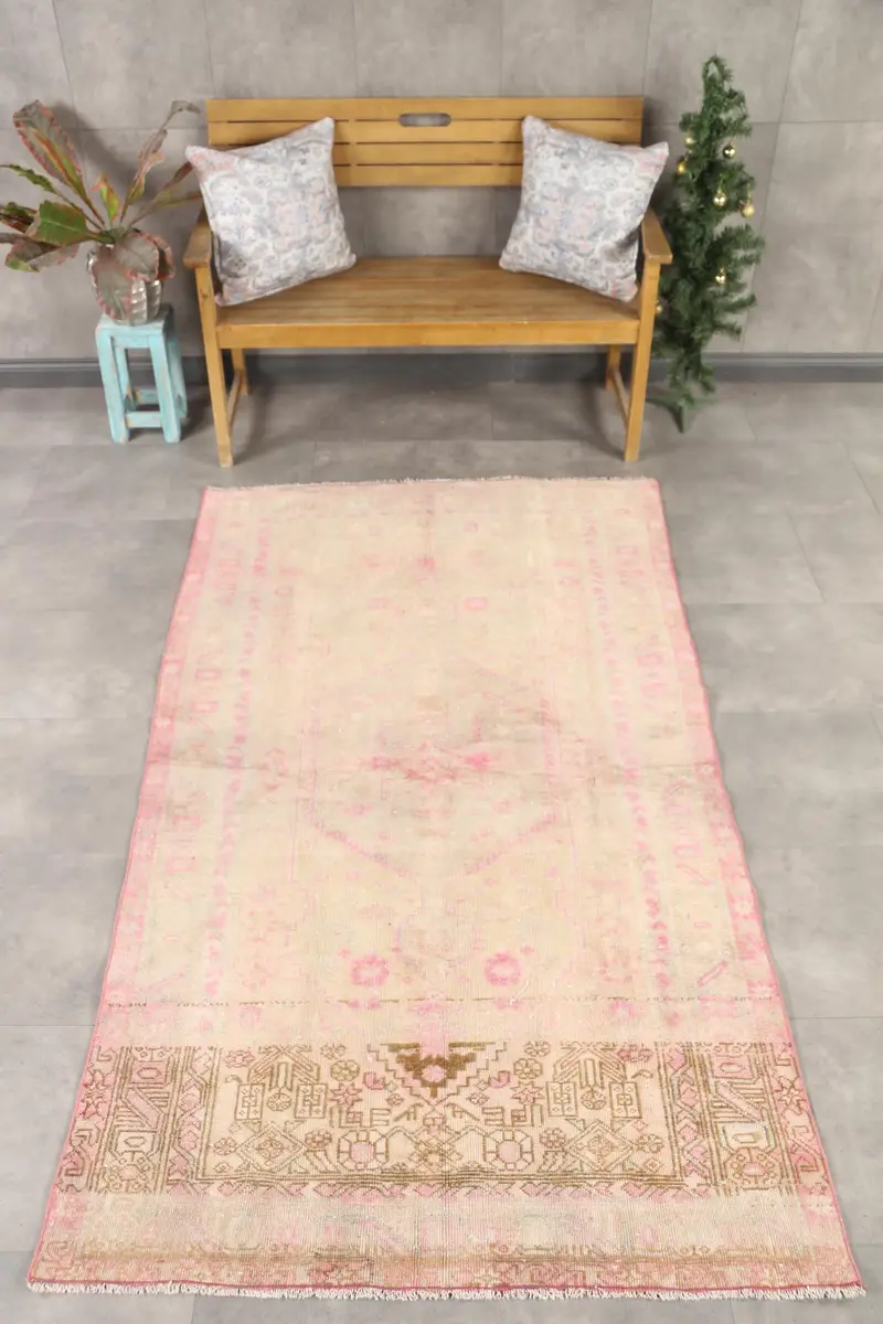 Alfombra turca vintage, alfombra de gran tamaño de 4,1x7,5 pies (125x230 cm), alfombra de lana de plantas y árboles rosas - 1