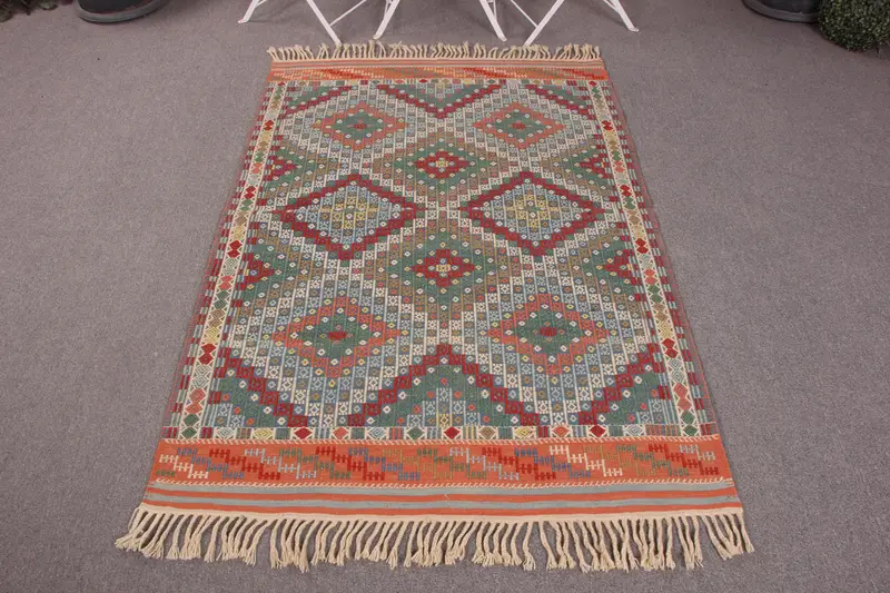 Handmade Red & Green Rug, 3,5x5,2 ft Botanical Design