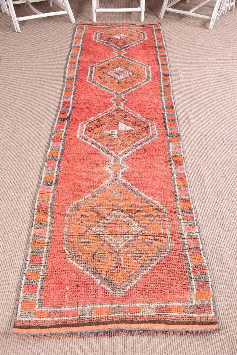 2.6x10.1 ft Türk Vintage Halı, Yolluk Halı, Kırmızı Gri Kamuflaj Yün Halı - 1