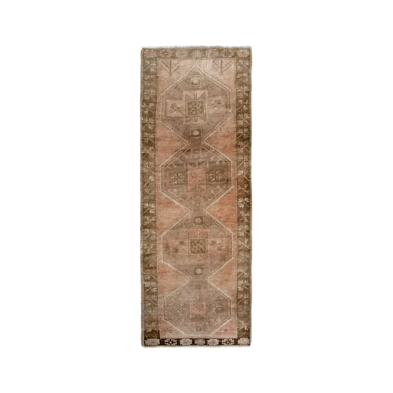 Vintage Turkish Oushak Rug 4x11.3 ft (121x345 cm), Brown Ikat Wool Rug - 1