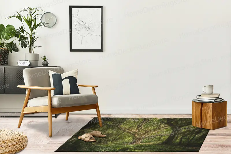 Orman Manzaralı Baskılı Halı: Yeşil Ağaç Doğa Peyzaj Tasarımı