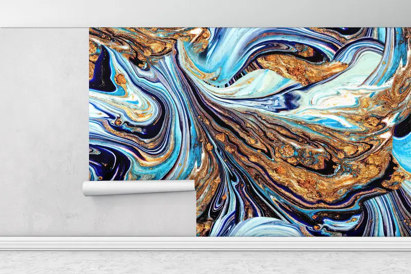 Blue And Gold Marble, Gold Mural, Shimmery Wallpaper, Modern Wall Mural, Abstract Wall Painting, Luxury Marble Wallpaper, - 1