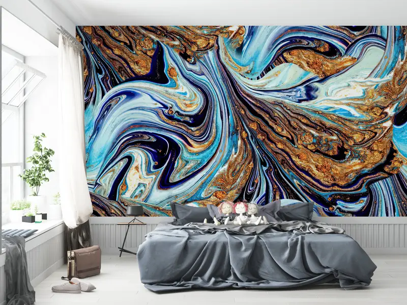 Blue And Gold Marble, Gold Mural, Shimmery Wallpaper, Modern Wall Mural, Abstract Wall Painting, Luxury Marble Wallpaper, - 2