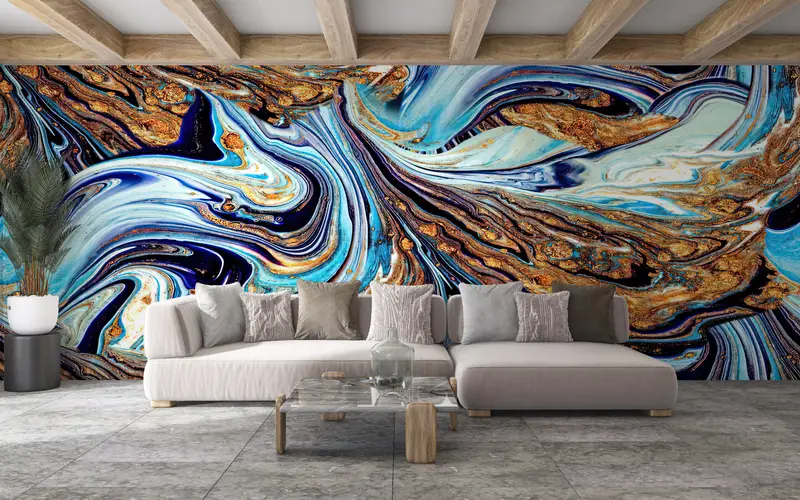 Blue And Gold Marble, Gold Mural, Shimmery Wallpaper, Modern Wall Mural, Abstract Wall Painting, Luxury Marble Wallpaper, - 4