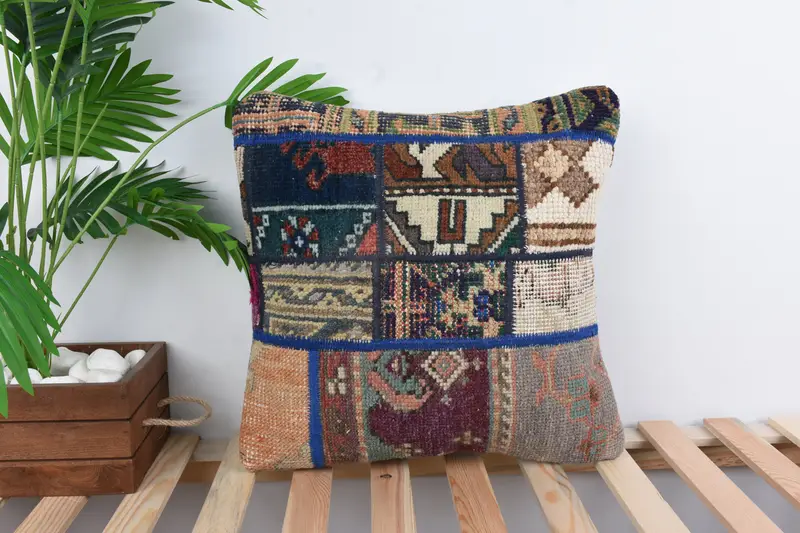 Handmade Kilim Cushion, 18x18 Blue Cushion Cover, Patio Cushion Case, Cushion Case, Vintage Kilim Throw Pillow, Pillow for Sofa - 1
