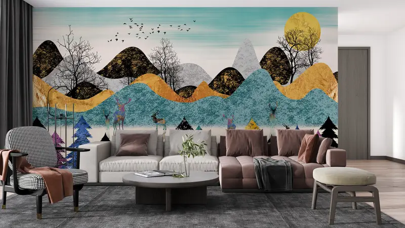 Abstract Forest Painting, Forest Wall Mural, Contemporary Wall Decor, Deer Wall Painting, Abstract Landscape Wall Art, - 1