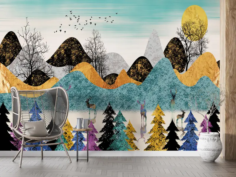 Abstract Forest Painting, Forest Wall Mural, Contemporary Wall Decor, Deer Wall Painting, Abstract Landscape Wall Art, - 8