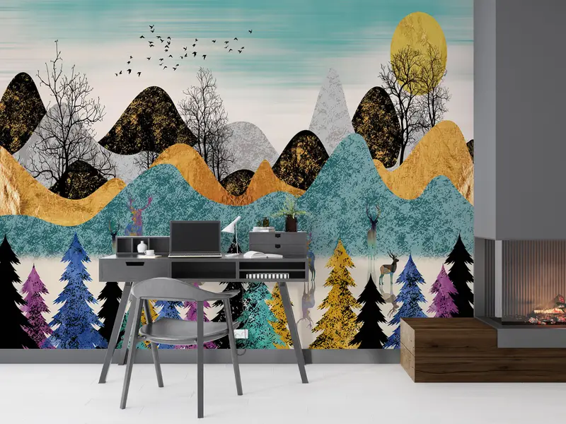 Abstract Forest Painting, Forest Wall Mural, Contemporary Wall Decor, Deer Wall Painting, Abstract Landscape Wall Art, - 3