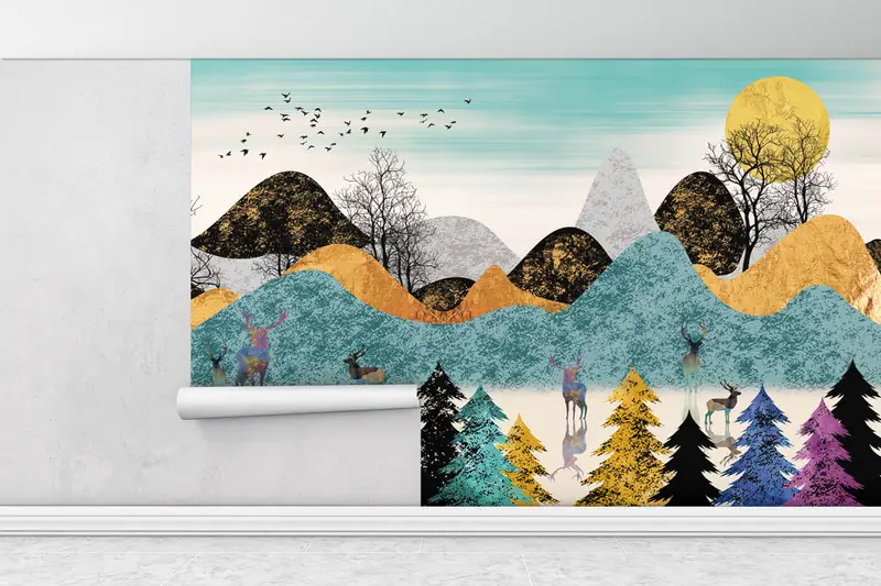 Abstract Forest Painting, Forest Wall Mural, Contemporary Wall Decor, Deer Wall Painting, Abstract Landscape Wall Art, - 6