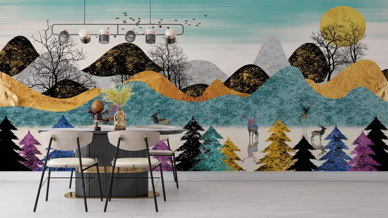 Abstract Forest Painting, Forest Wall Mural, Contemporary Wall Decor, Deer Wall Painting, Abstract Landscape Wall Art, - 2