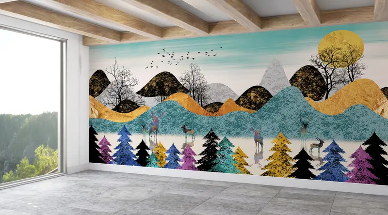 Abstract Forest Painting, Forest Wall Mural, Contemporary Wall Decor, Deer Wall Painting, Abstract Landscape Wall Art, - 7