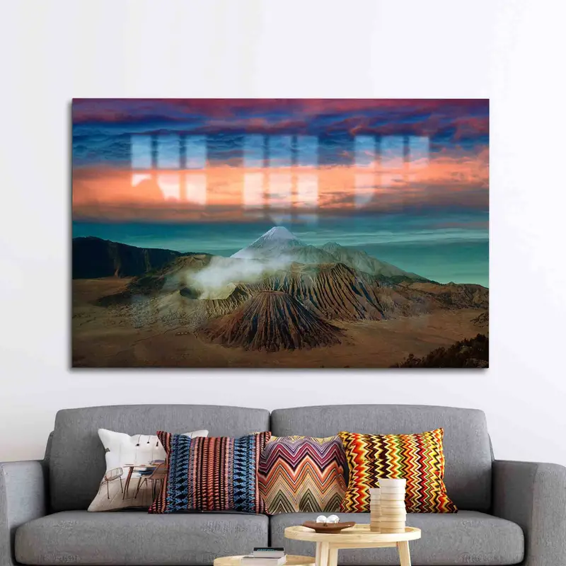 Vidrio impreso elegante: paisaje de montaña al atardecer de la naturaleza