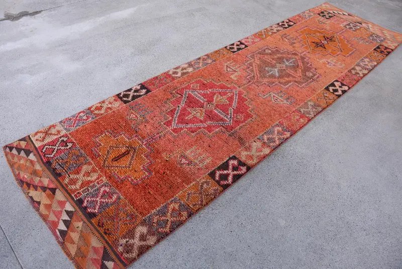 3.2x11.6 ft Rug, Runner Turkish Rug, Red Herki Plants & trees Rug - 1
