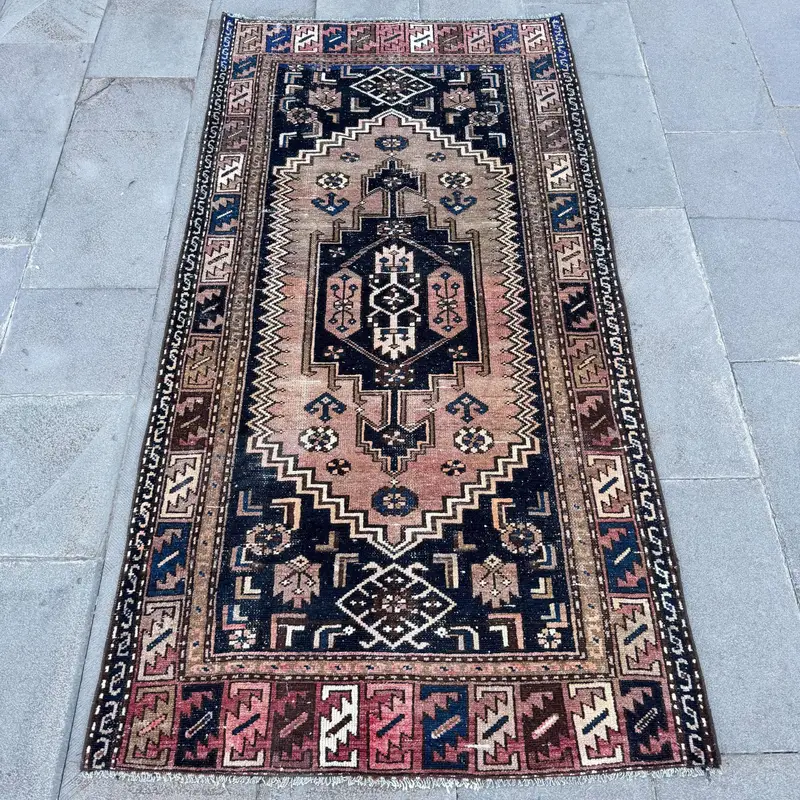 Turkish Oushak Rug 3.2x6.3 ft (98x193 cm), Blue Abstract Vintage Rug - 1