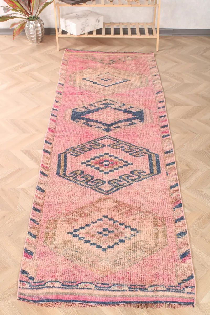 2.9x8.8 ft Türk Herki Halısı, Vintage Halı, Pembe Kamuflaj Yün Halı - 1