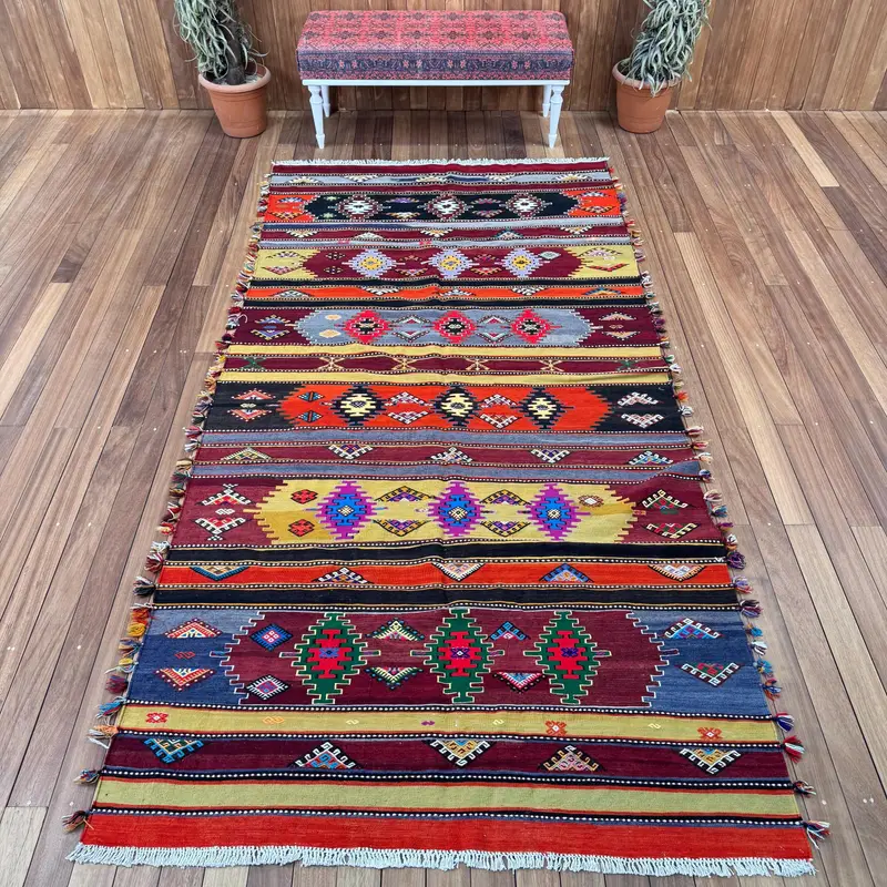 Türkischer Teppich, großer 5 x 10,1 Fuß großer Vintage-Teppich, rot-blauer Ombré-Wollteppich - 1