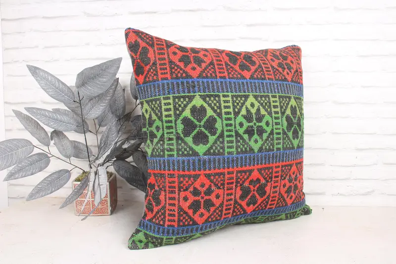 Retro Throw Cushion Case, Kilim Pillow Cover, Cushion Cover, 24x24 Green Pillow Case, Interior Designer Pillow, Throw Kilim Pillow - 3