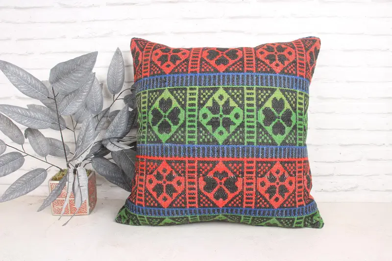 Retro Throw Cushion Case, Kilim Pillow Cover, Cushion Cover, 24x24 Green Pillow Case, Interior Designer Pillow, Throw Kilim Pillow - 1