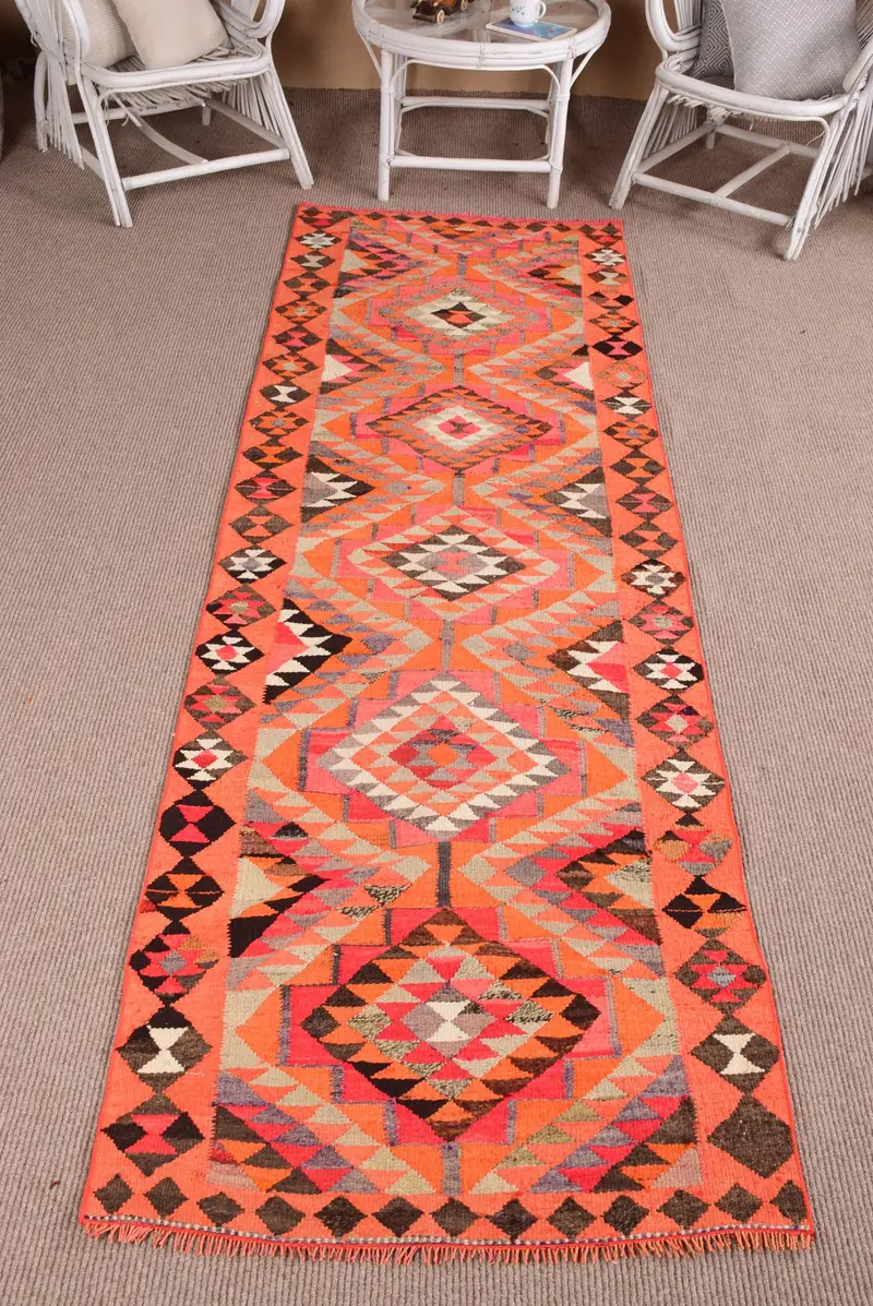 3x9.7 ft Halı, Runner Vintage Halı, Turuncu Kilim İkat Halı - 1