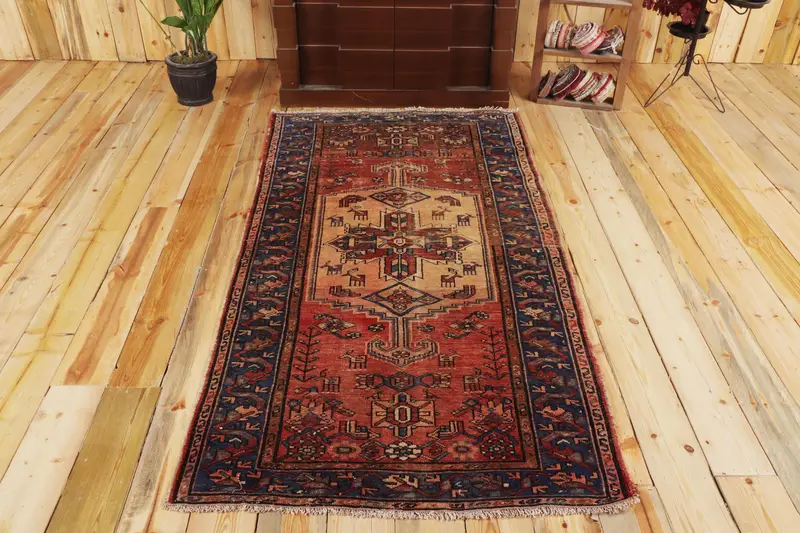 Türk Halısı, 3.3x6.6 ft Accent Halı, Kırmızı Kareli Yün Vintage Halı - 1