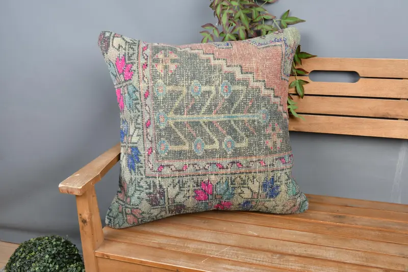 Embroidered Floral Pillow, 24x24 Inches Handmade Throw Pillow - 1