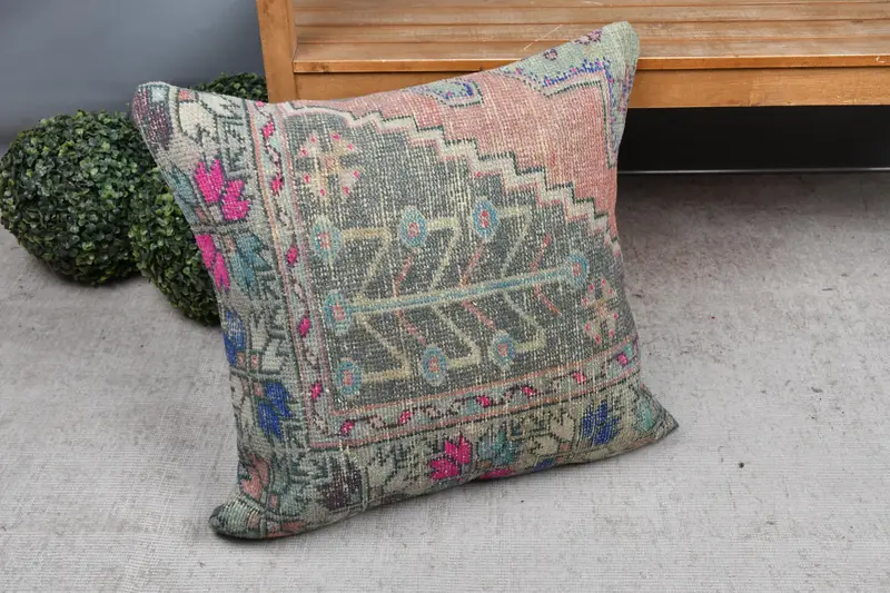 Embroidered Floral Pillow, 24x24 Inches Handmade Throw Pillow - 7