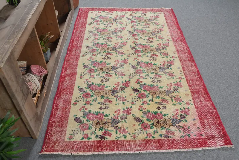 Alfombra vintage Oushak Area 4.1x6.7 pies (125x204 cm), alfombra turca de rayas rojas - 1