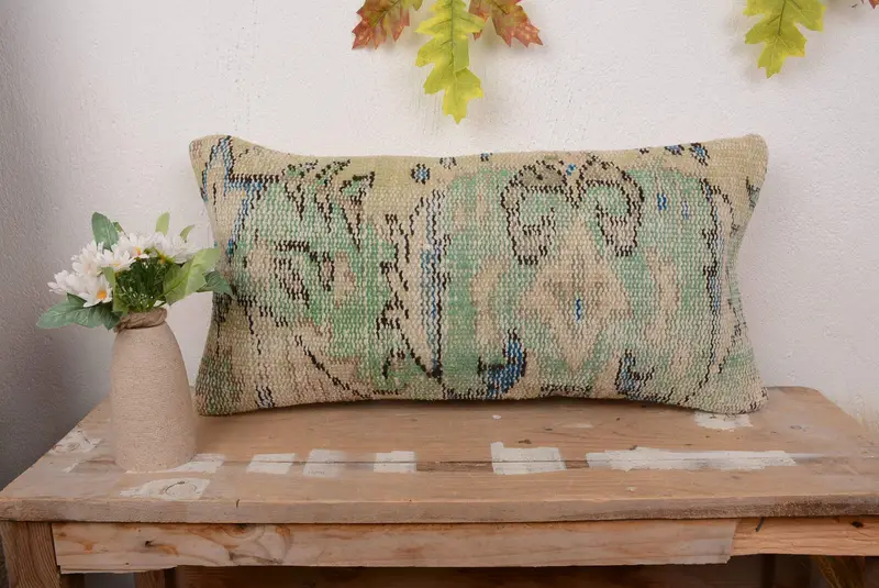 Handmade Embroidered Green Pillow, 12x24 Vintage Floral Throw Pillow