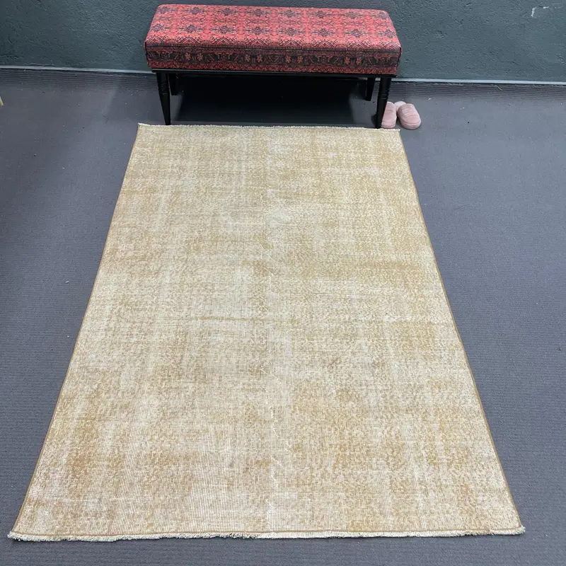 4.4x7 ft Vintage Halı, Türk Alan Halısı, Bej Beyaz Puantiyeli Halı - 1