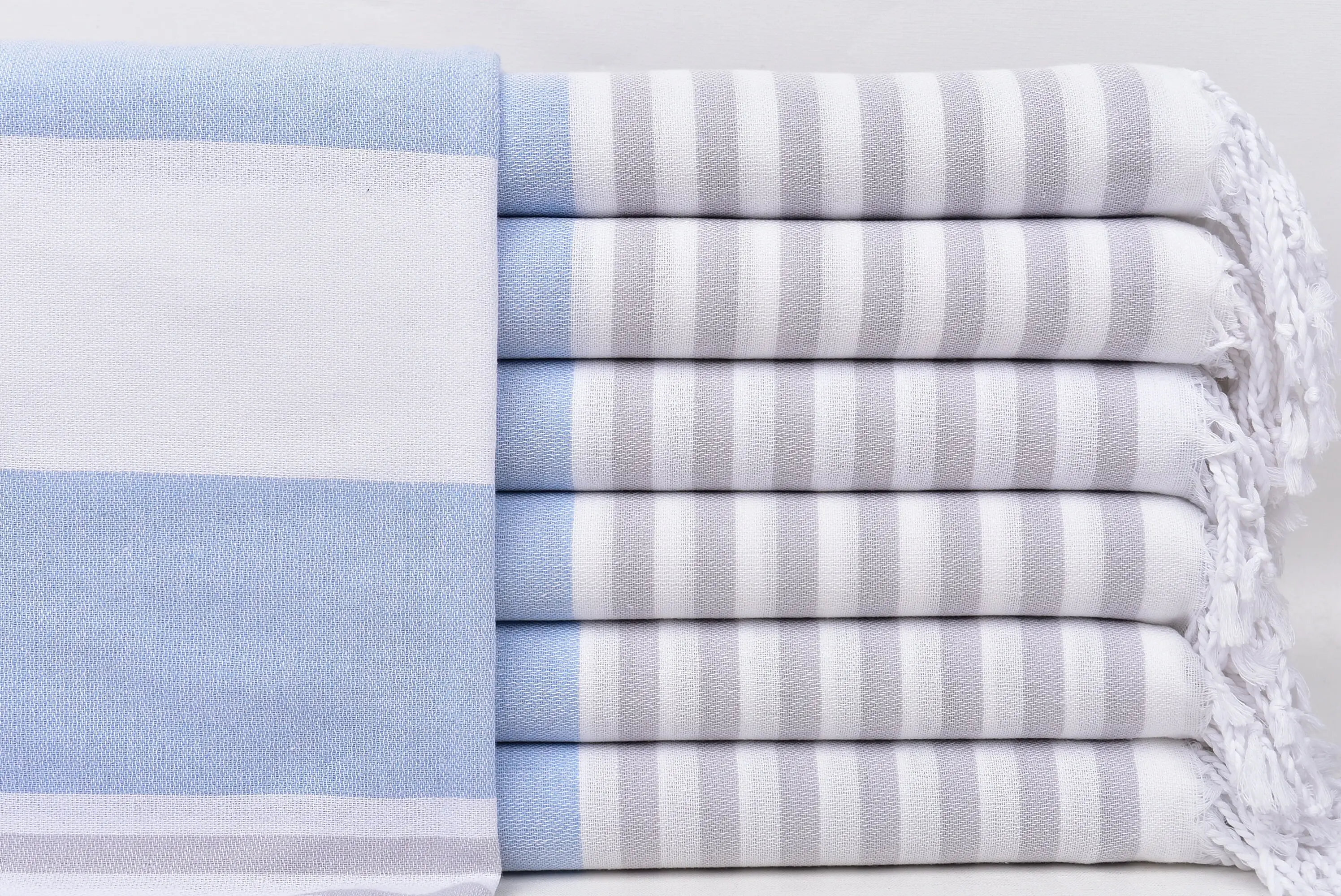 Oversized Turkish Beach Towel, Striped, Baby Blue-Light Gray, 40x71 Inches - 1