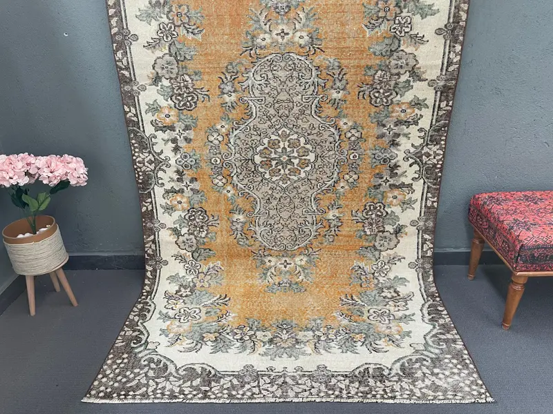 Vintage Large Rug 4.8x8.5 ft, Yellow Gray Oriental Rug Wool - 1