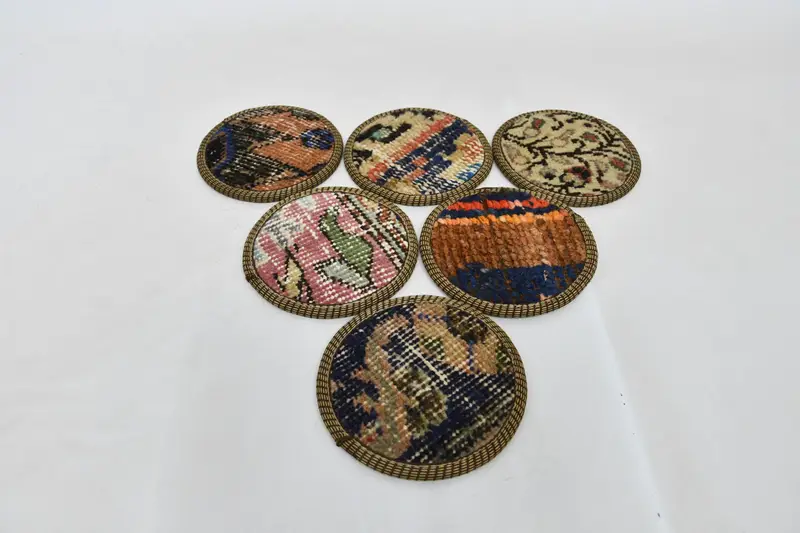 Bohemian Blue and Beige Round Coasters, Set of Six Coasters