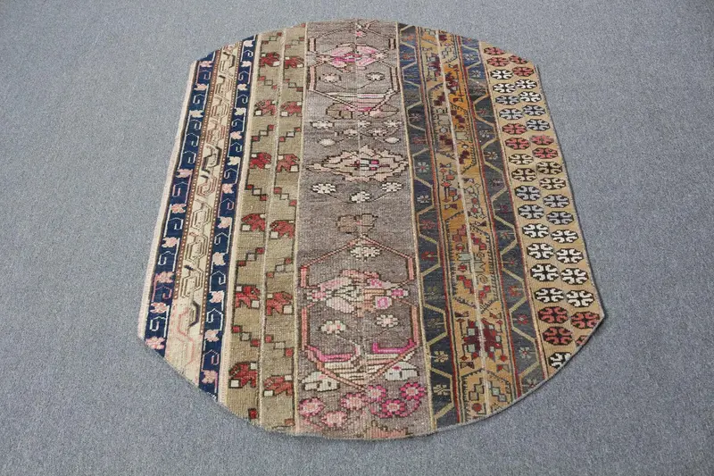 Türk Vintage Halı, 3.4x4.3 ft Yuvarlak Halı, Mavi Oushak Çizgili Halı - 1