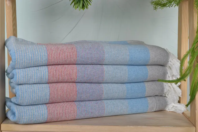 Beach Towel Turquoise-Red Cotton Striped, 40x67 Inches