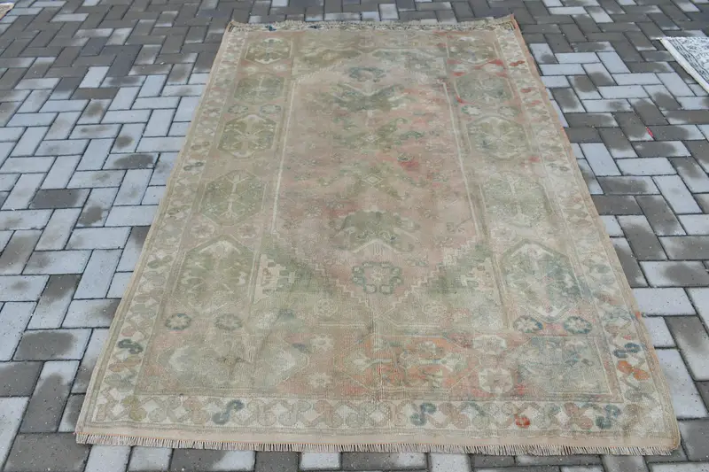 Vintage Türk Oushak Halısı 4.9x7.2 ft (150x220 cm), Yeşil Çizgili Yün Halı - 1