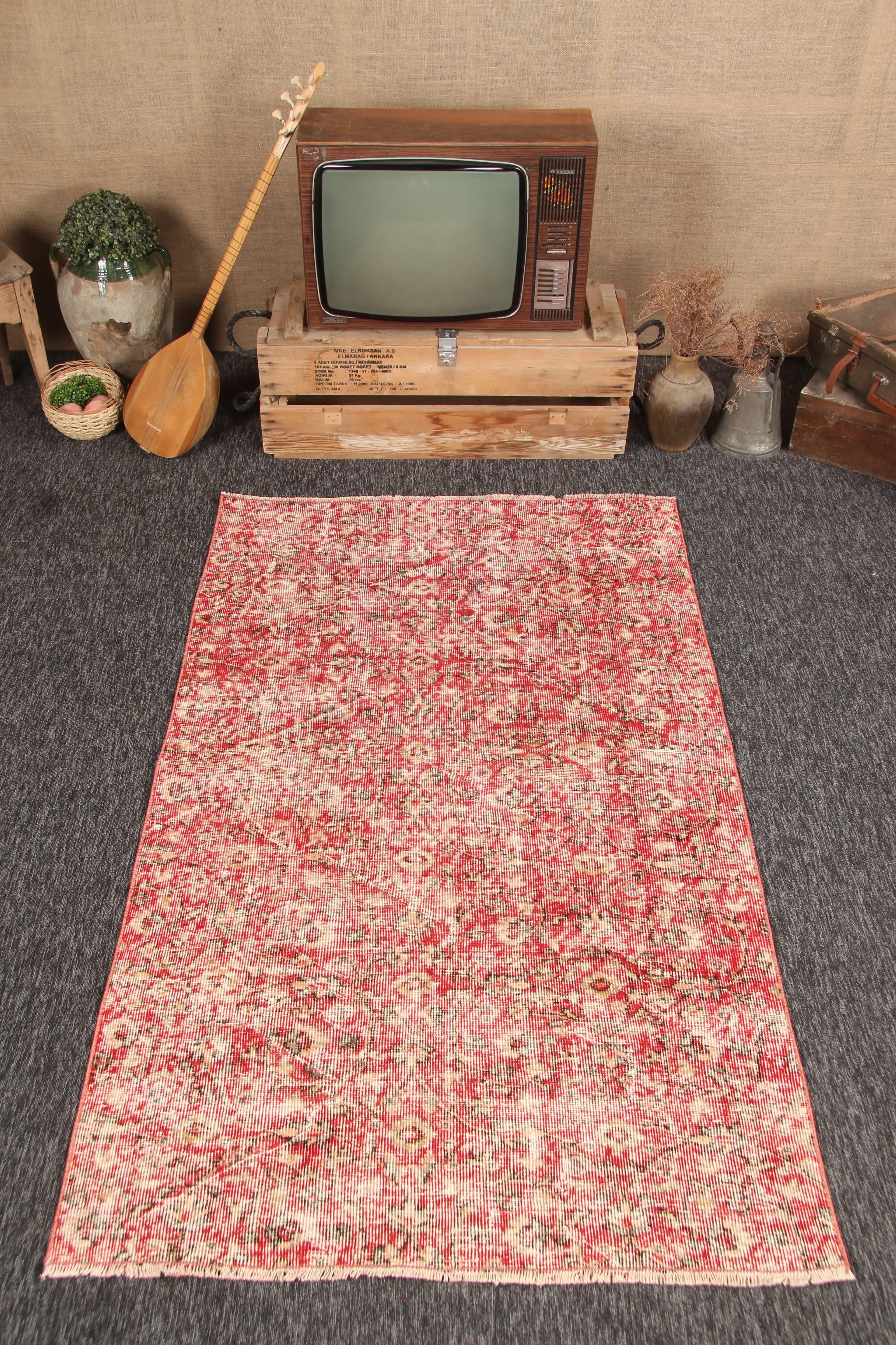 Turkish Rug, Area 3.9x6.6 ft Rug, Oushak Red Floral Rug - 1