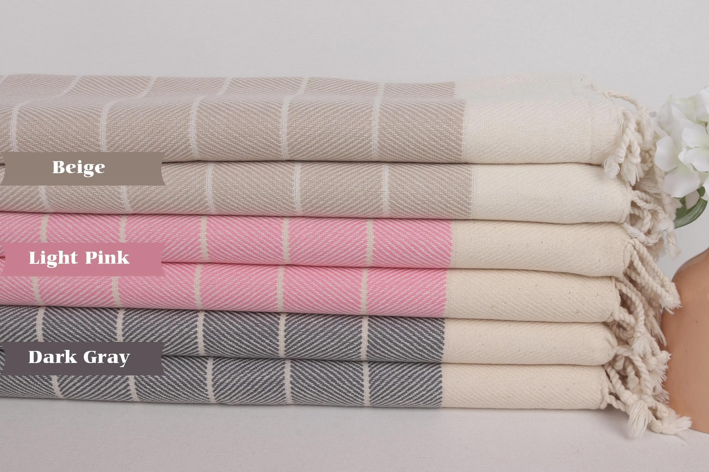 Custom Hand Towel Organic Cotton Herringbone, Beige, 18x40 Inches - 1