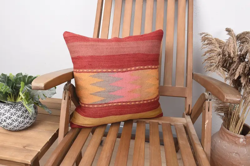 Gift Pillow, Cushion Cover, Rustic Pillow Case, Kilim Pillow Cover, Vintage Kilim Pillow, Ethnic Pillow Sham, 16x16 Red Cushion - 1