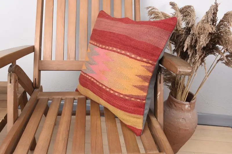 Gift Pillow, Cushion Cover, Rustic Pillow Case, Kilim Pillow Cover, Vintage Kilim Pillow, Ethnic Pillow Sham, 16x16 Red Cushion - 3