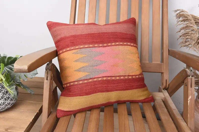 Gift Pillow, Cushion Cover, Rustic Pillow Case, Kilim Pillow Cover, Vintage Kilim Pillow, Ethnic Pillow Sham, 16x16 Red Cushion - 2