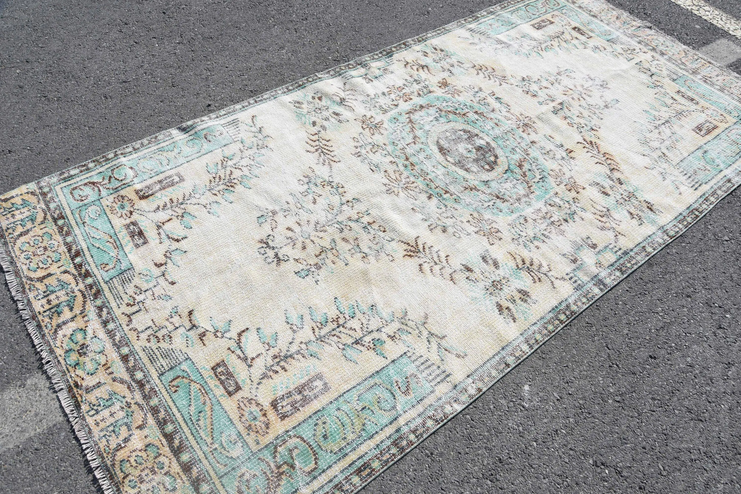 Turkish Rug, 4.4x9.2 ft Large Rug, Beige Floral Wool Vintage Rug - 1