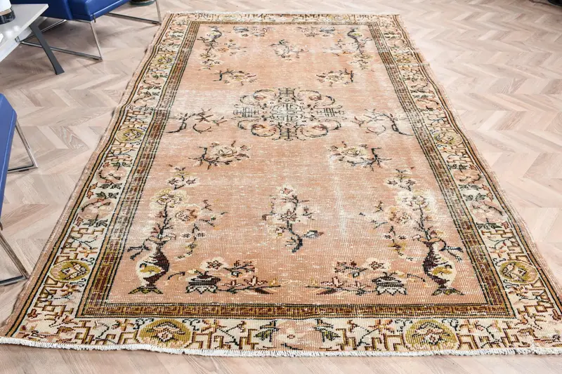 Vintage Turkish Large Rug 6x9.1 ft, Brown Yellow Solid Rug - 1